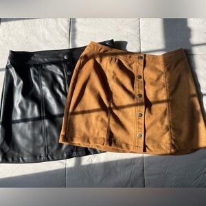 Button-Front Brown Suede and Black Faux Leather Skirt - Women